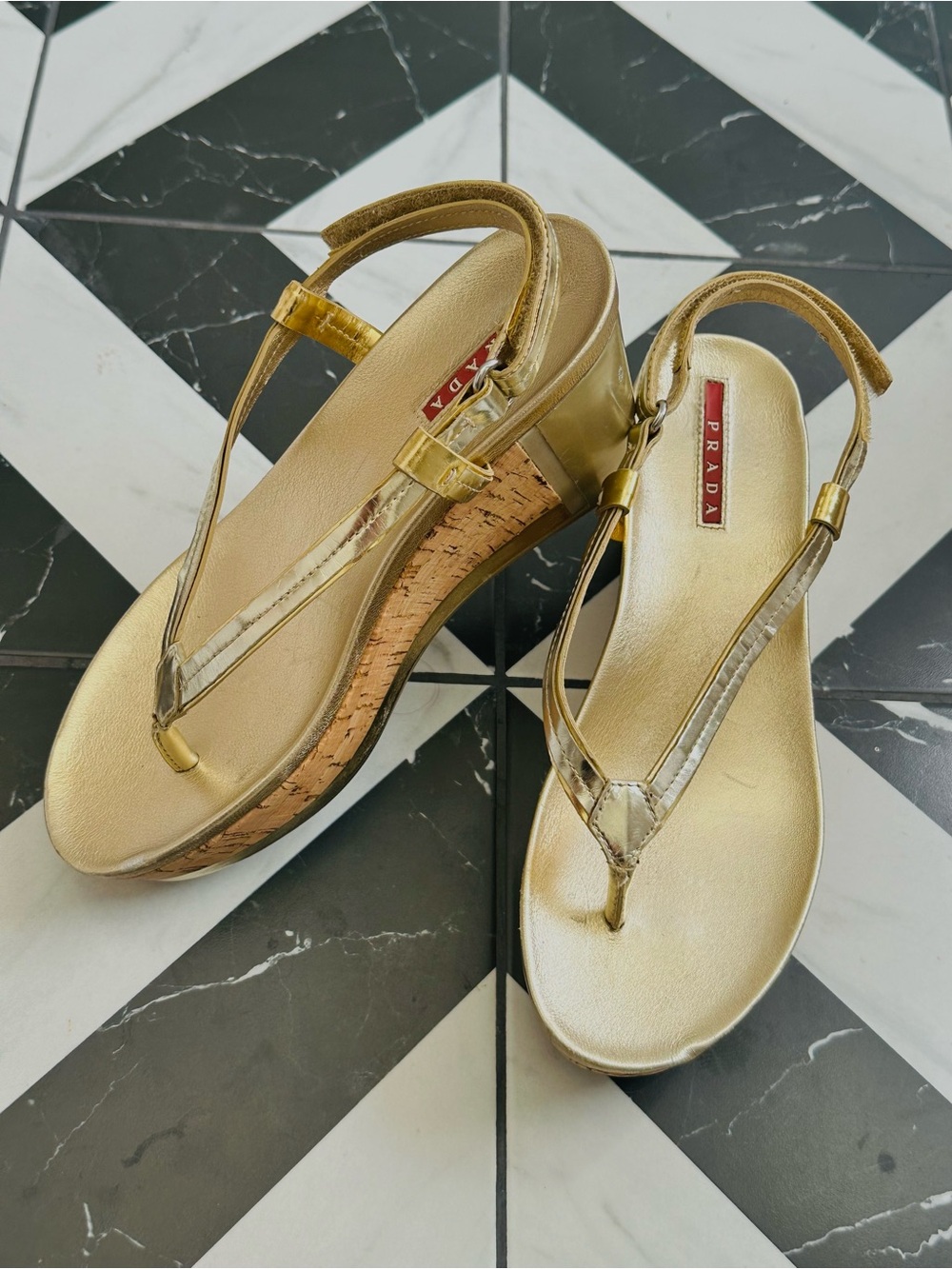 Prada Metallic Leather Gold Cork Wedge Thong Sandals Size 36.5